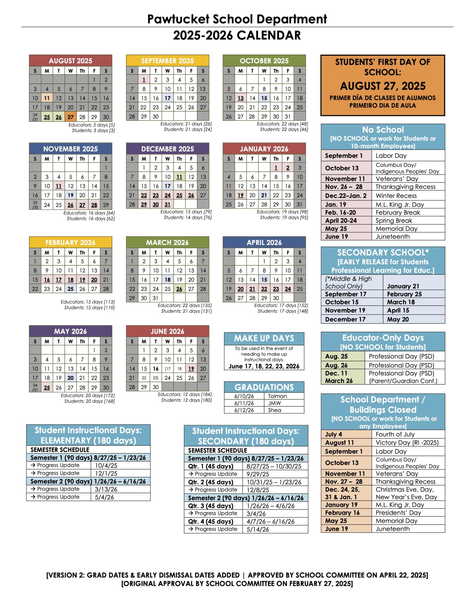20252026 School Year Calendar Pawtucket School Department